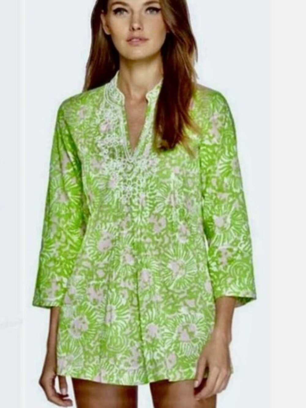 LILLY PULITZER Sunnyside Lion Print V Neck Tunic Blouse Beaded Sequins Size S